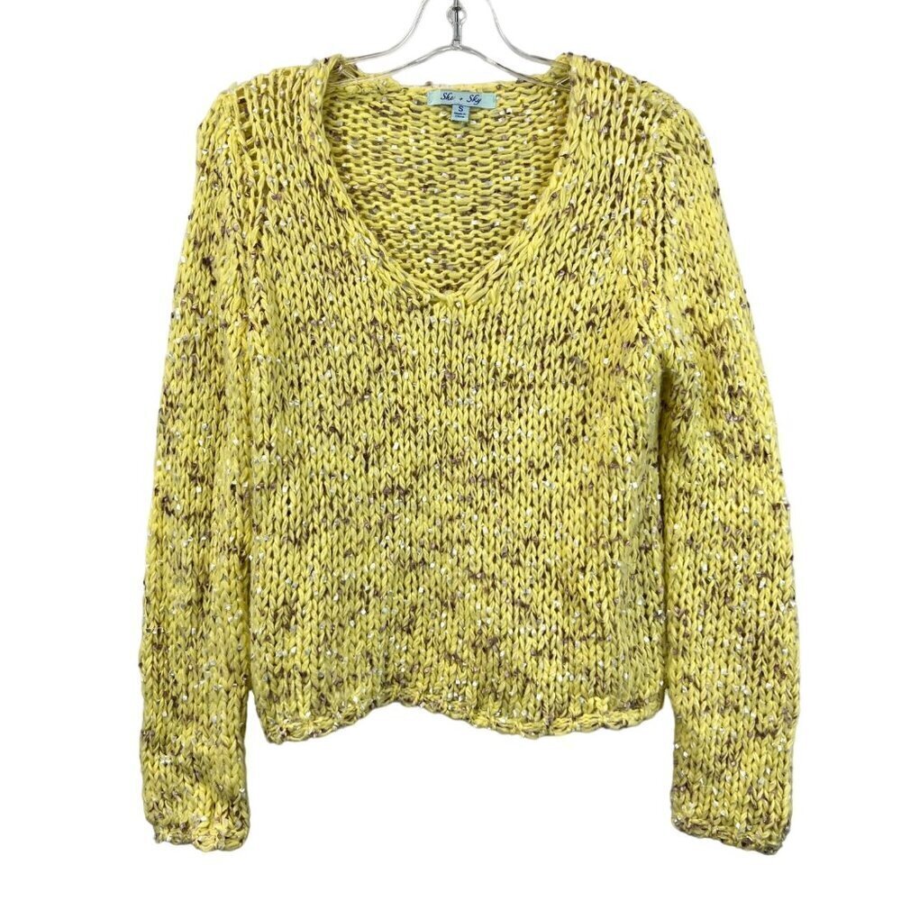She & Sky Womens V-Neck Long Sleeve Yellow/Multi Yarn Pullover Sweater Small